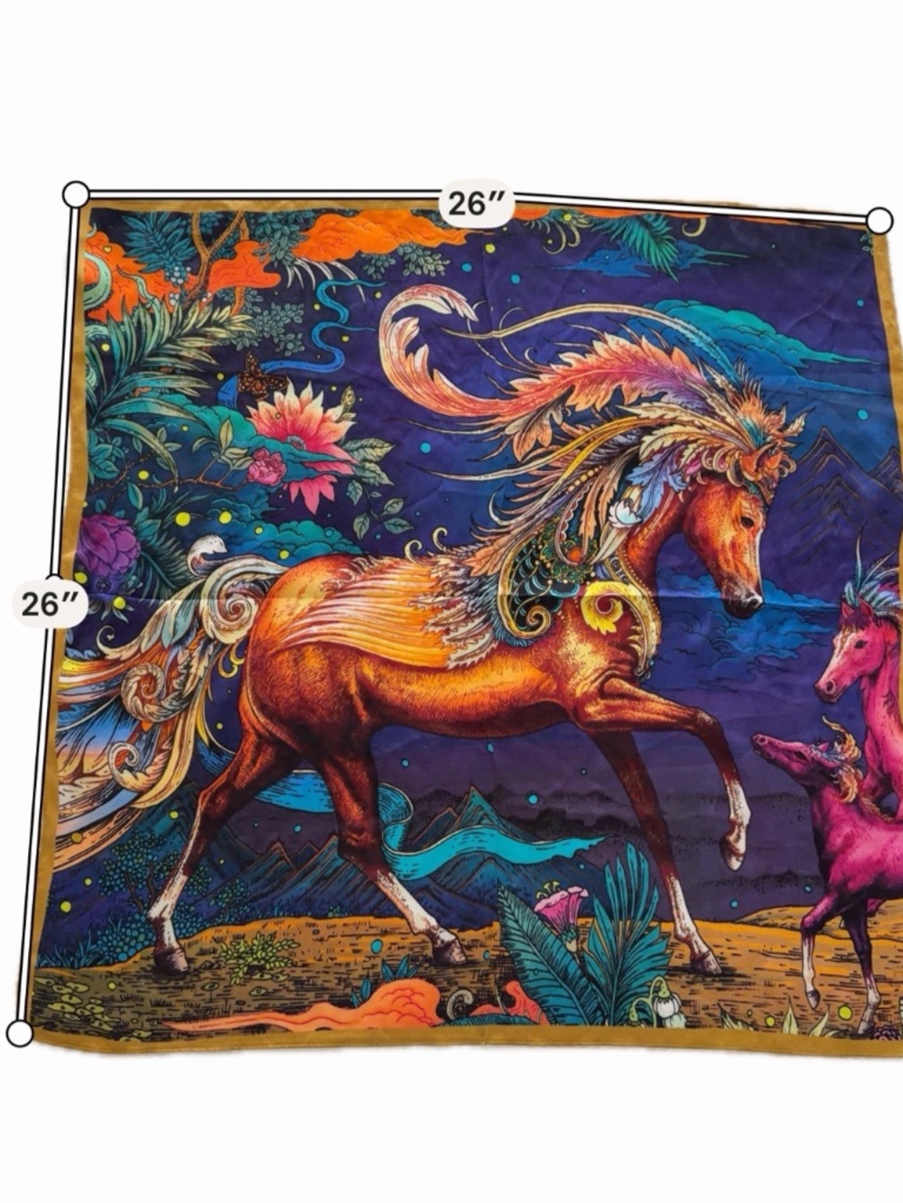 100% Mulberry Silk Square Scarf 26” Equestrian Horse Floral Art Print - Picture 8 of 8